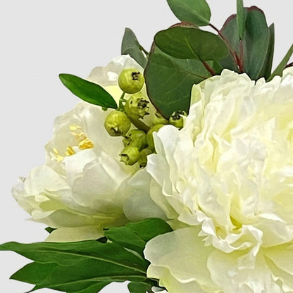 10.5-Inch Faux White Peony & Eucalyptus Arrangement in Glass Cylinder – Realistic Silk Flowers