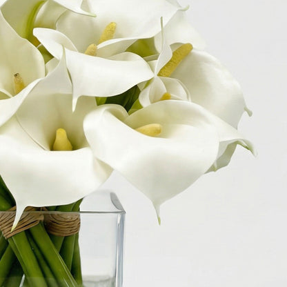 9.5-Inch Faux White Calla Lily Trio in Glass Cube Vase - Modern Silk Flowers