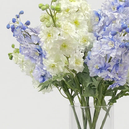 28-Inch Faux Blue & White Delphinium in Tall Glass Vase - Realistic Silk Flowers