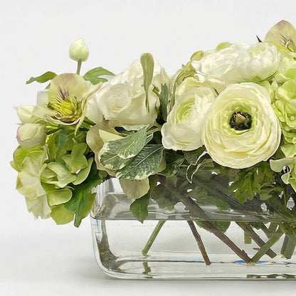 10" Faux Ranunculus & Rose in Rectangular Vase - White Silk Flowers