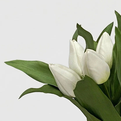 13-Inch Faux Soft-Touch Tulip Arrangement in Glass Vase – White/Green