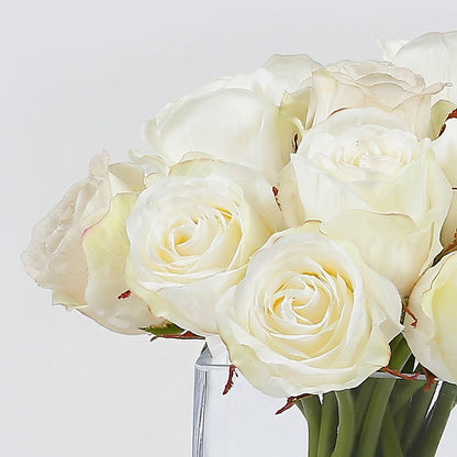 8.5-Inch Faux White Rose Bud Arrangement in Square Glass Vase – Realistic Silk Flowers