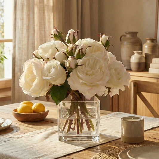 Artificial White Rose Arrangement in Glass Vase with Faux Water – Lifelike Silk Flowers