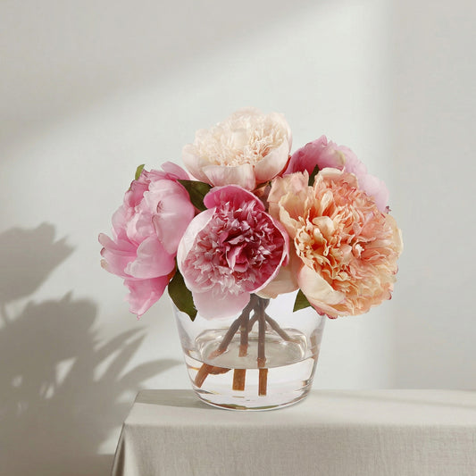 Faux Peony Arrangement in Glass Vase with Faux Water – Multicolor Silk Flowers