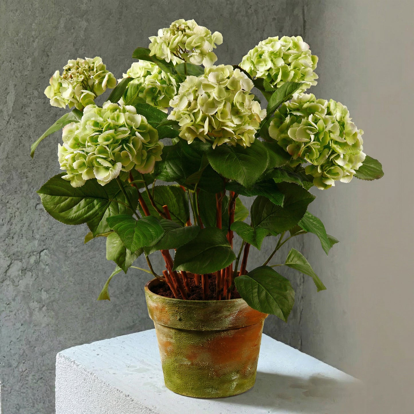 34-Inch Large Faux Hydrangea Arrangement in Decorative Pot – Green Silk Floral Display
