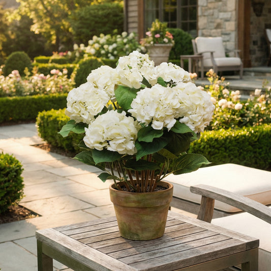 34-Inch Large Faux White Hydrangea Arrangement in Decorative Pot – Silk Floral Display
