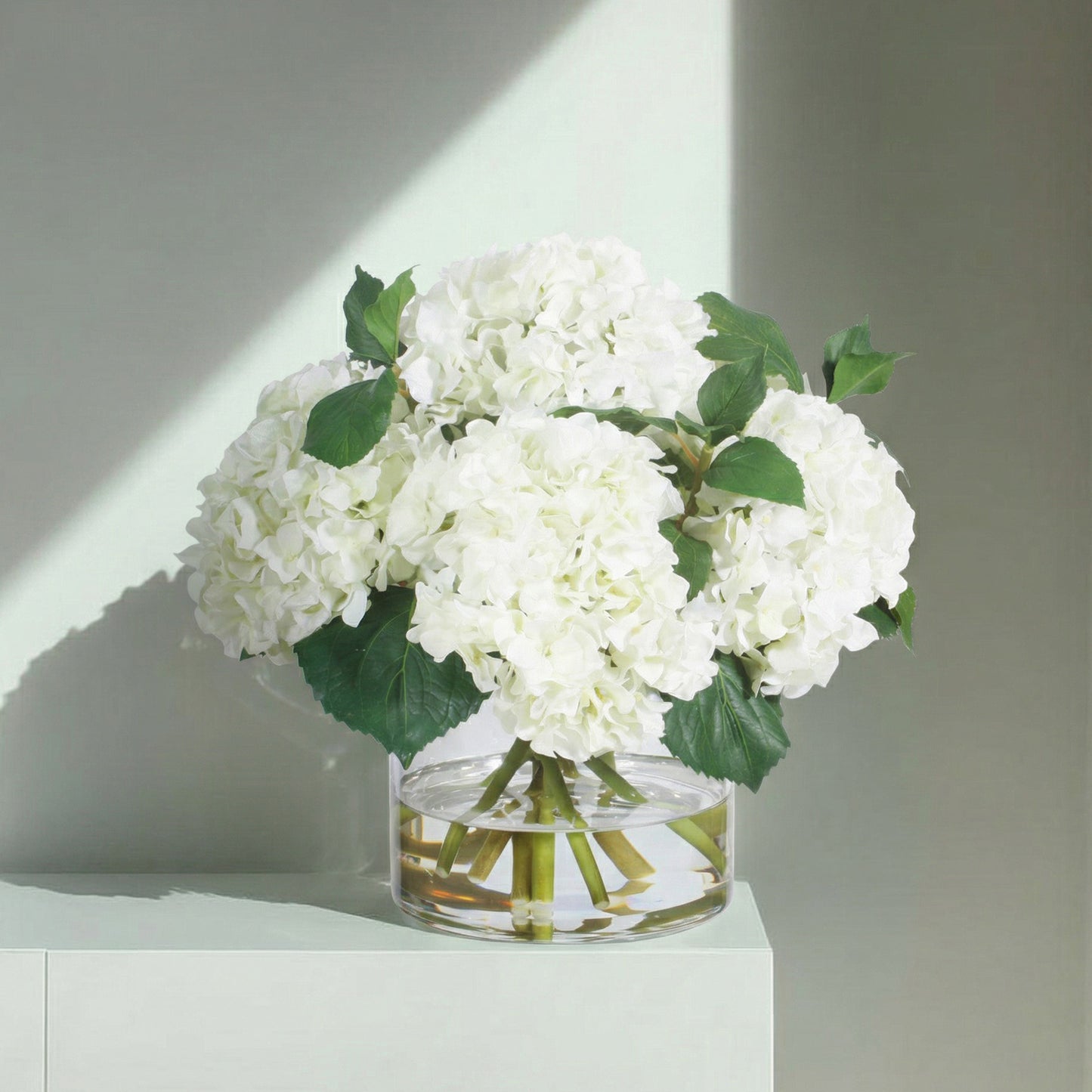 15-Inch Faux White Hydrangea Arrangement in Glass Vase – Silk Floral Centerpiece