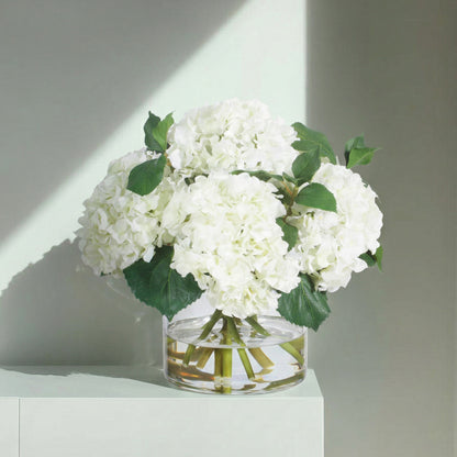 15-Inch Faux White Hydrangea Arrangement in Glass Vase – Silk Floral Centerpiece