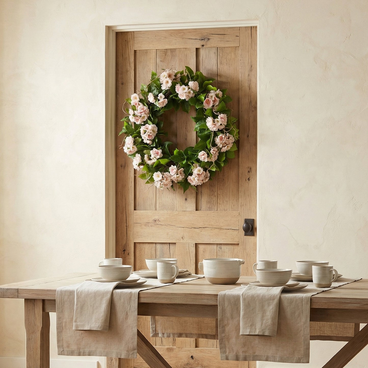 24-Inch Light Pink Peach Blossom Wreath – Faux Floral Door & Wall Decor