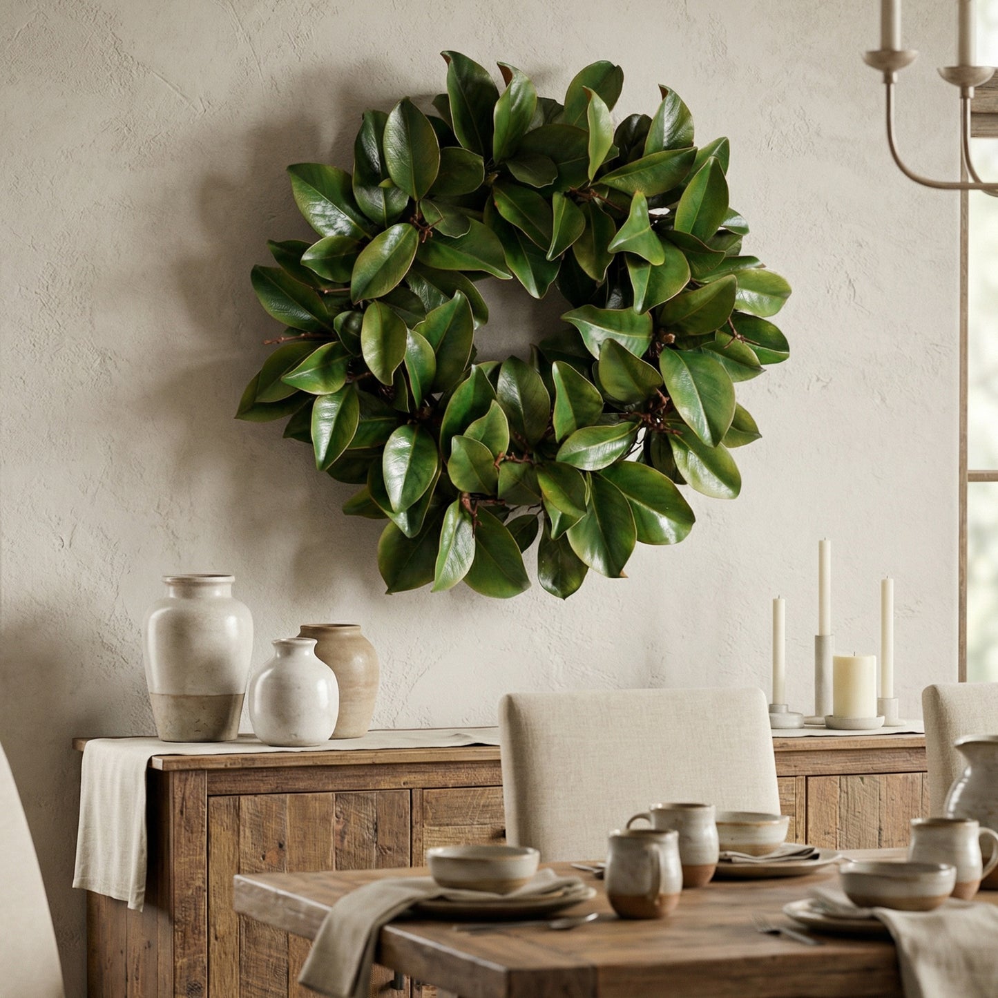 24-Inch Faux Magnolia Leaf & Twig Wreath – Realistic Greenery Wall & Door Decor