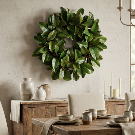 24-Inch Faux Magnolia Leaf & Twig Wreath – Realistic Greenery Wall & Door Decor