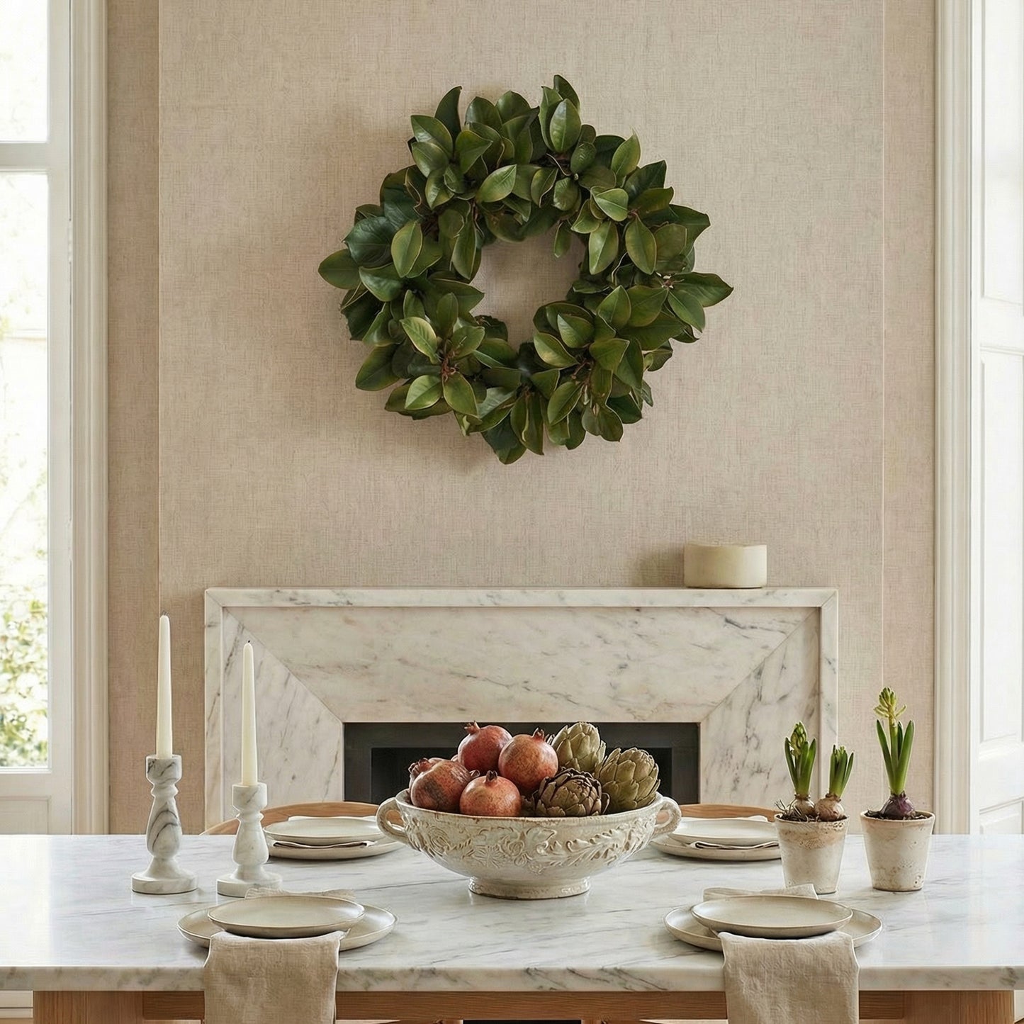 30-Inch Large Faux Magnolia Leaf & Twig Wreath – Realistic Greenery Door & Wall Decor