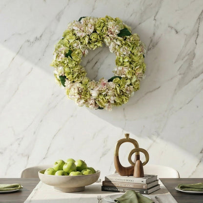 24-Inch Faux Hydrangea Wreath – Pink & Green Silk Floral Wall & Door Decor