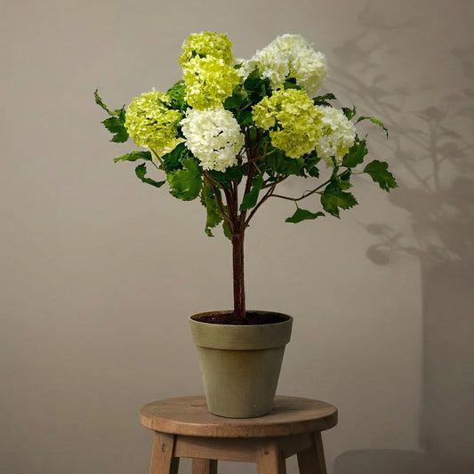 27-Inch Faux Snowball Viburnum Arrangement in Rustic Planter – Realistic Silk Floral Decor