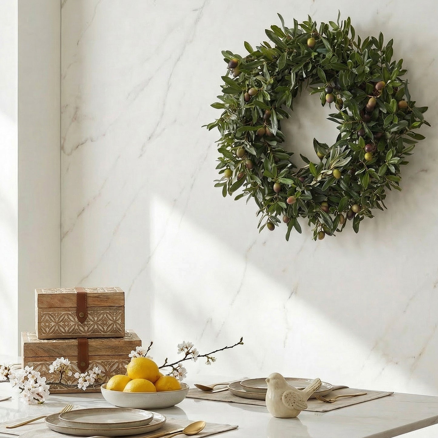 24-Inch Faux Mediterranean Olive Leaf Wreath – Realistic Greenery with Black Olives