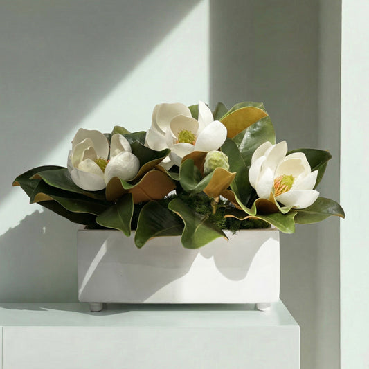12-Inch Faux White Magnolia Arrangement in White Vase – Realistic Silk Floral Decor