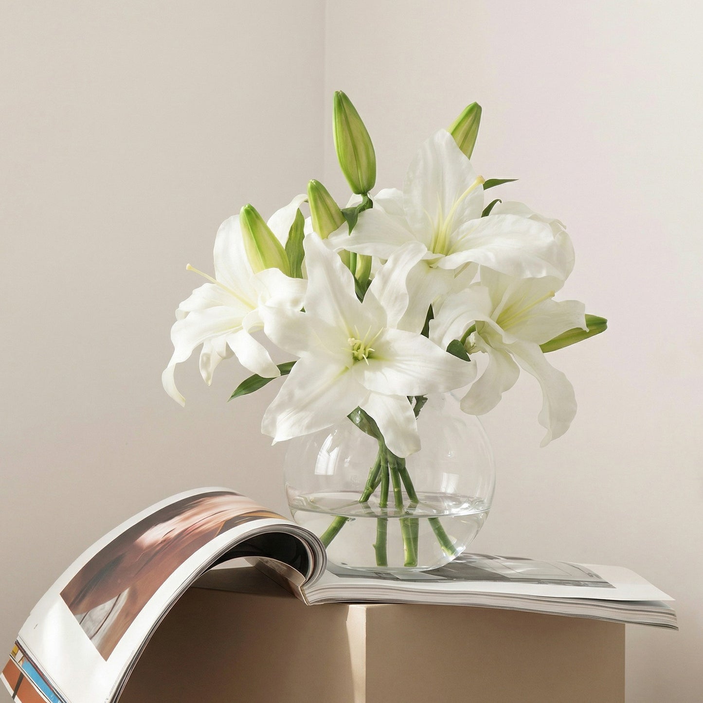 16-Inch Faux Casablanca Lily Arrangement in Glass Bowl – Two-Tone White Silk Flowers