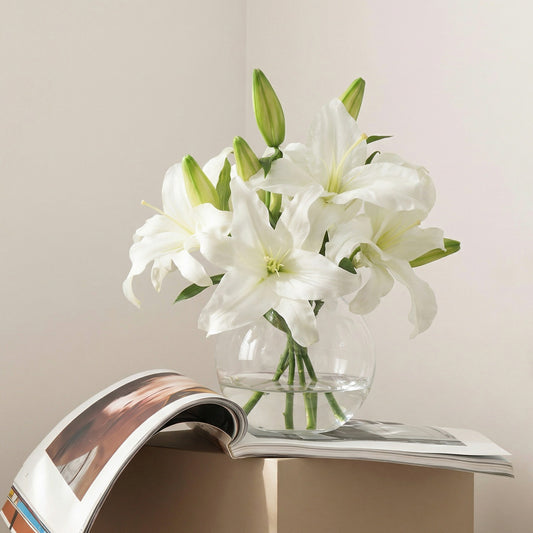 16-Inch Faux Casablanca Lily Arrangement in Glass Bowl – Two-Tone White Silk Flowers