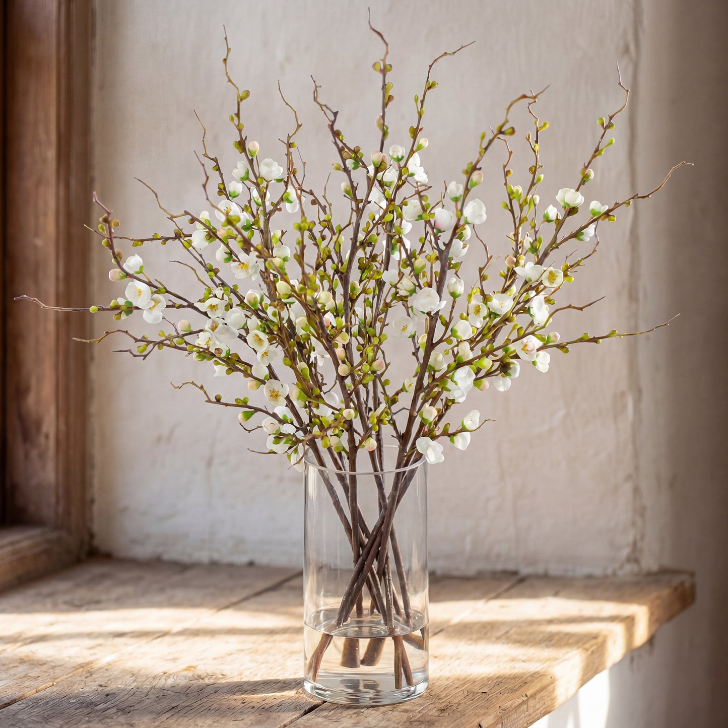 25-Inch Faux White Peach Blossom Arrangement in Tall Glass Vase – Realistic Silk Flowers