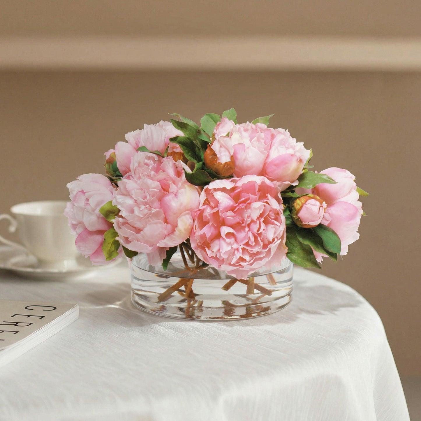 9-Inch Faux Pink Peony Arrangement in Glass Cylinder Vase – Realistic Silk Flower Decor