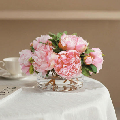 9-Inch Faux Pink Peony Arrangement in Glass Cylinder Vase – Realistic Silk Flower Decor