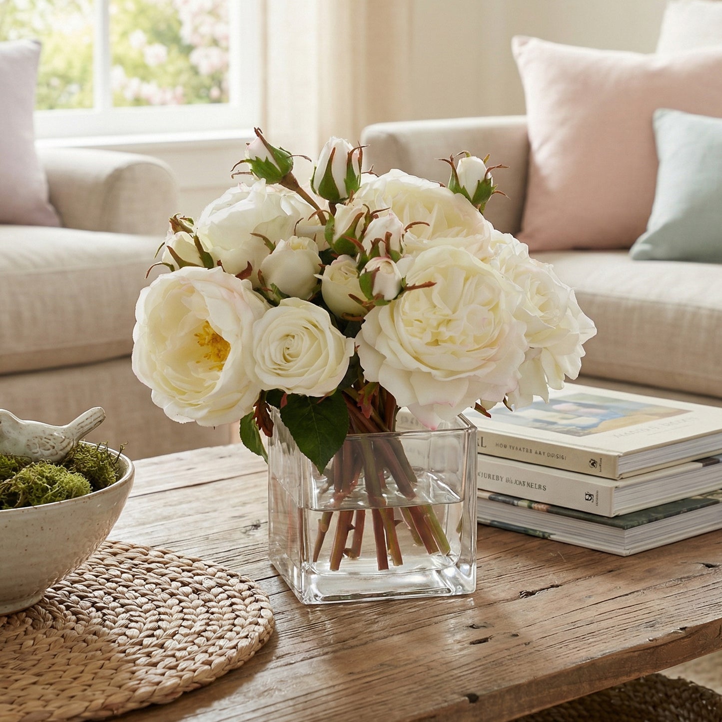 9-Inch Faux Cream Rose Arrangement in Square Glass Vase – Realistic Silk Flowers