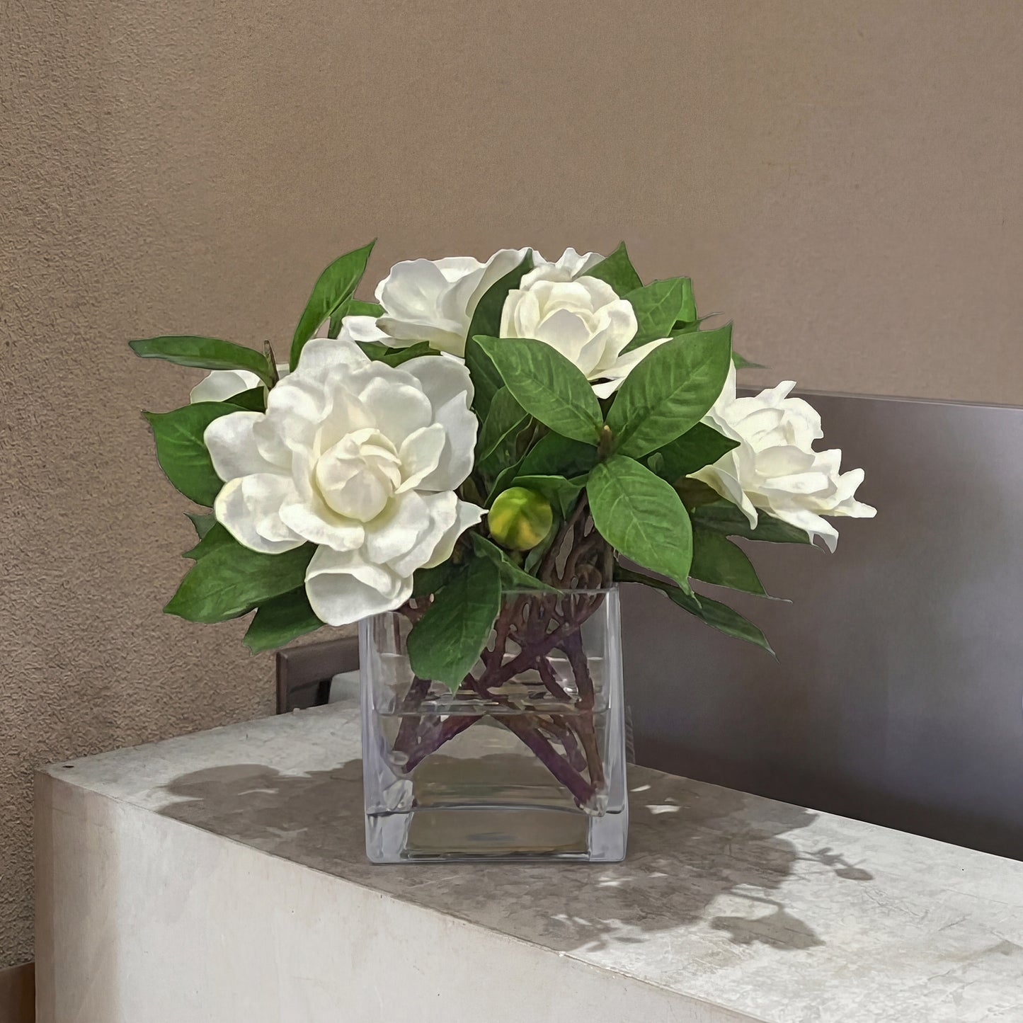 10-Inch Faux Gardenia Jubilation Arrangement in Glass Cube – Cream Silk Flowers