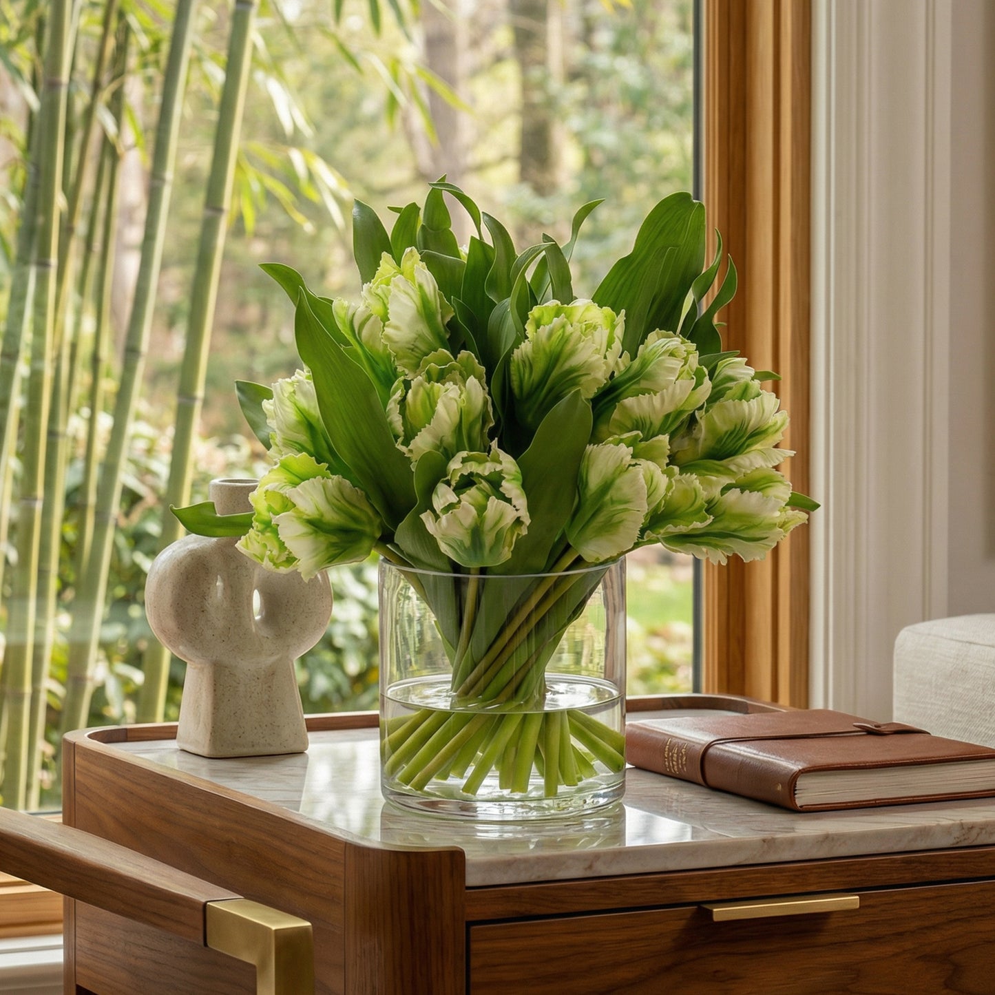 15-Inch Faux White & Green Tulip Arrangement in Glass Cylinder Vase – Realistic Silk Flowers