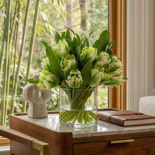 15-Inch Faux White & Green Tulip Arrangement in Glass Cylinder Vase – Realistic Silk Flowers