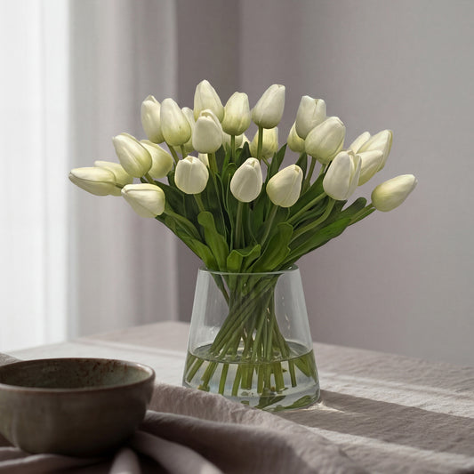 12-Inch Faux White Tulip Arrangement in Glass Vase – Small Silk Flowers