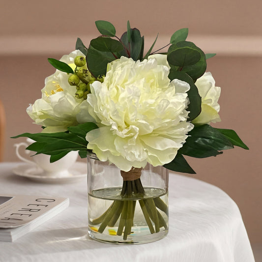 10.5-Inch Faux White Peony & Eucalyptus Arrangement in Glass Cylinder – Realistic Silk Flowers