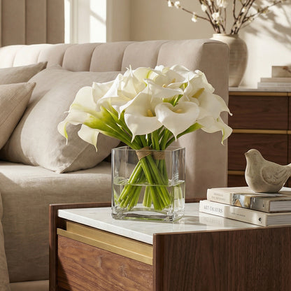 9.5-Inch Faux White Calla Lily Trio in Glass Cube Vase - Modern Silk Flowers