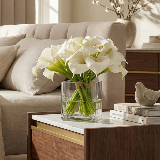 9.5-Inch Faux White Calla Lily Trio in Glass Cube Vase - Modern Silk Flowers