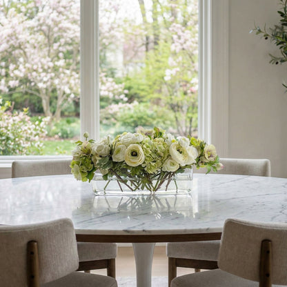 10" Faux Ranunculus & Rose in Rectangular Vase - White Silk Flowers