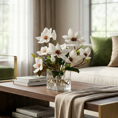 15-Inch Faux Magnolia & Foliage Arrangement in Glass Cube – White & Green