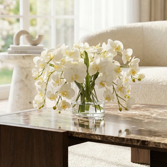 13-Inch Faux Cascading Phalaenopsis Orchid in Glass Cylinder – White