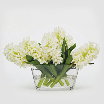14-Inch Faux White Hyacinth Arrangement in Glass Vase – Realistic Silk Flower Decor