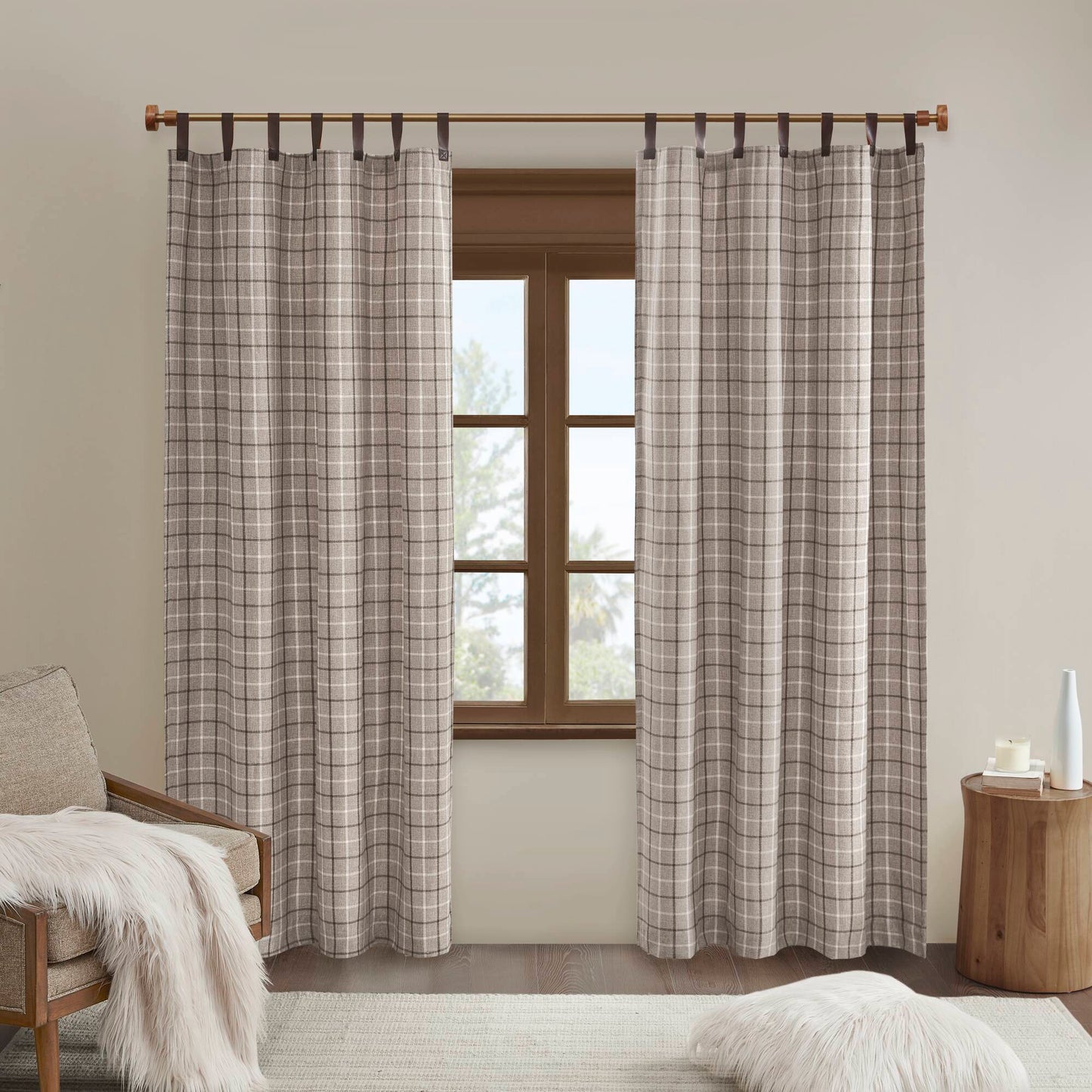 Madison Park Plaid Faux Leather Tab Top Curtain Panel with Fleece Lining