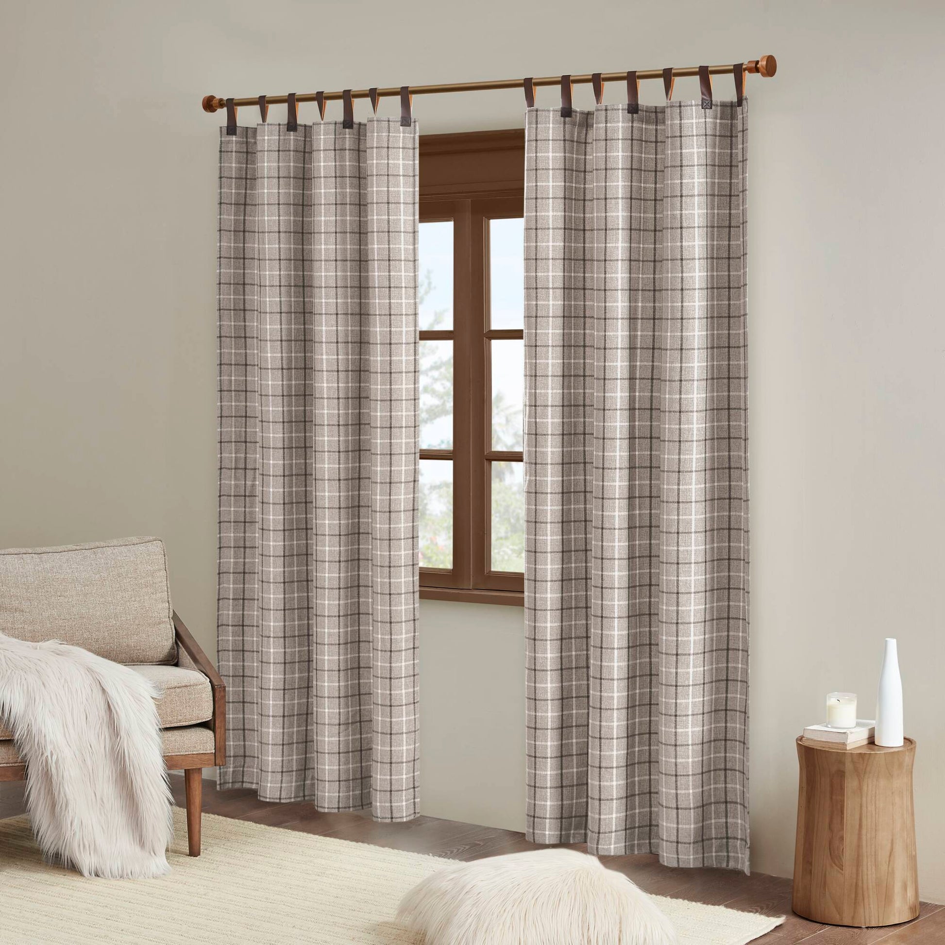 Madison Park Plaid Faux Leather Tab Top Curtain Panel with Fleece Lining