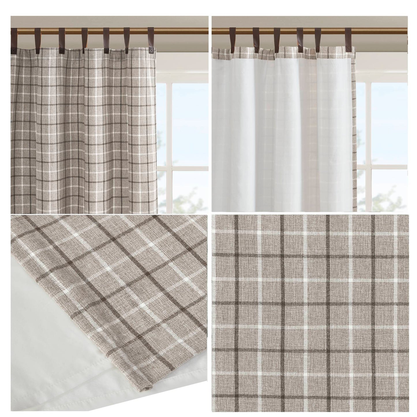 Madison Park Plaid Faux Leather Tab Top Curtain Panel with Fleece Lining